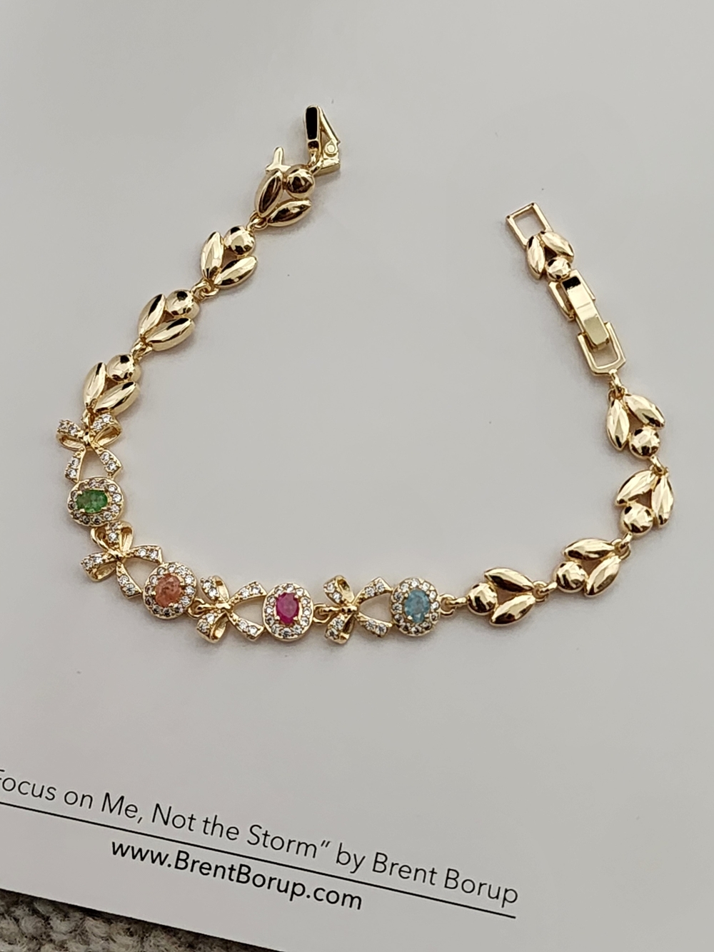 Gold Multicolor CZs Bow-Link Bracelet